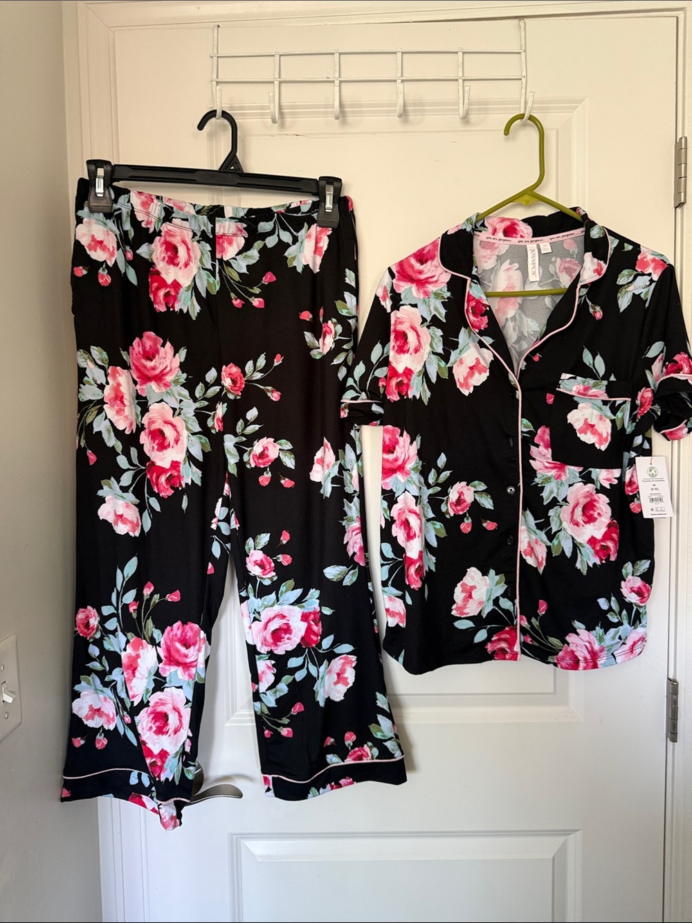 Floral Button-Up Pajama Set in Black with Pink Roses